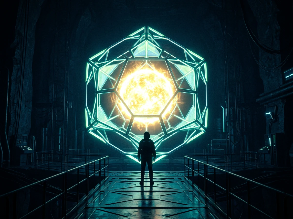 A lone hooded figure stands on a walkway before a towering faceted cage of glowing teal geometric panels, a brilliant contained sun of energy held at its centre, inside a dark cavernous facility