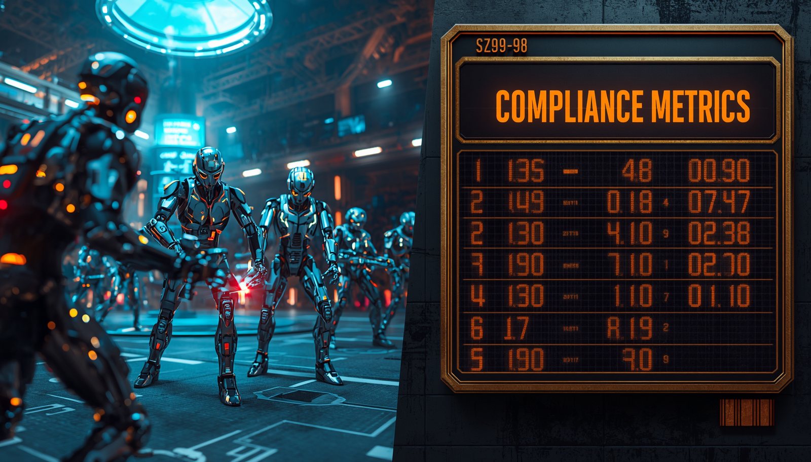 AI playing a futuristic game relying on an old fashioned compliance scoreboard to keep up with the fast paced match