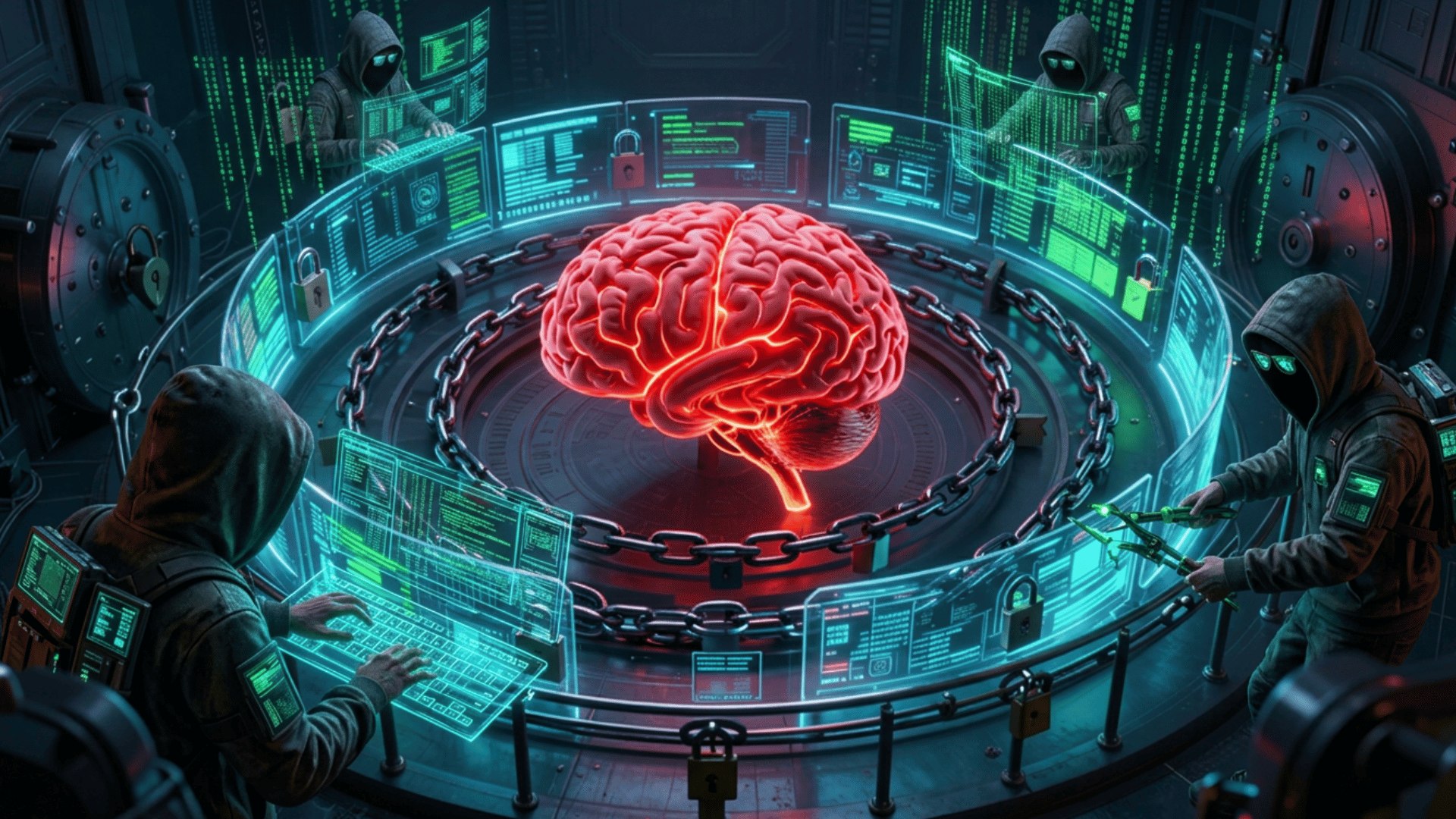 A glowing red AI brain held inside a chained containment vault, surrounded by holographic dashboards, with hooded figures trying to break in from every angle