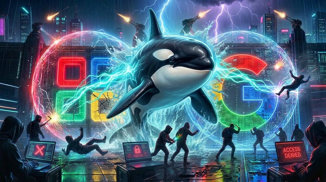 An orca bursting through the Google logo with lightning crackling around it, ACCESS DENIED screens lighting up the cyberpunk cityscape behind, depicting ORCA Opti's protection now extending to Google Workspace