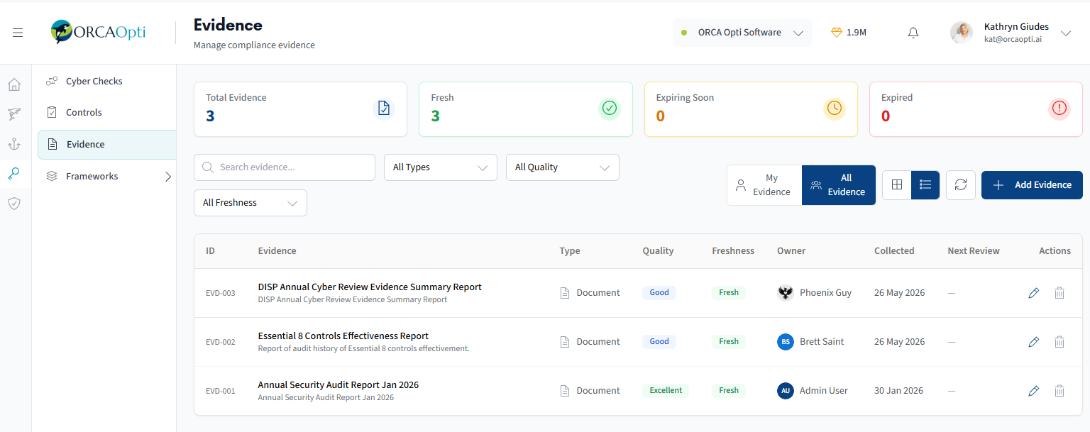 The ORCA Opti Cyber evidence screen, showing compliance evidence with quality, freshness and review status